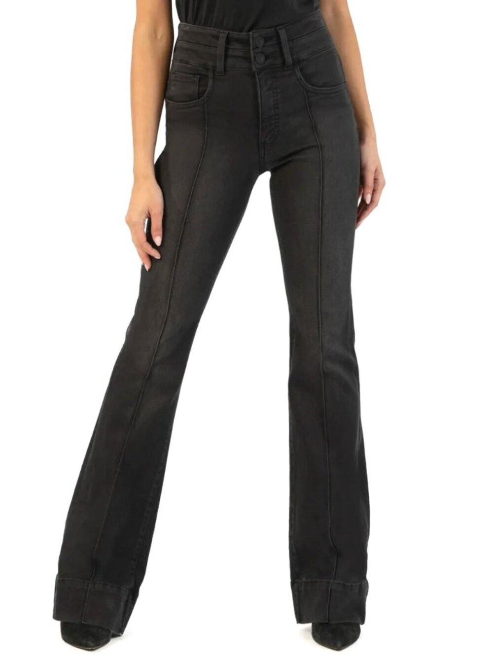 KUT From The Kloth Ana High Rise Flare Black Denim Stretch Seams Jeans Size 8